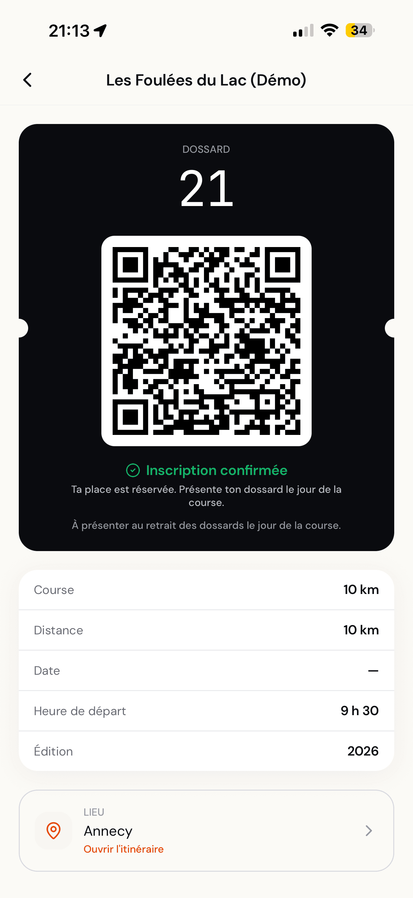 Écran Mes courses de l'app Dossario : dossard avec QR code