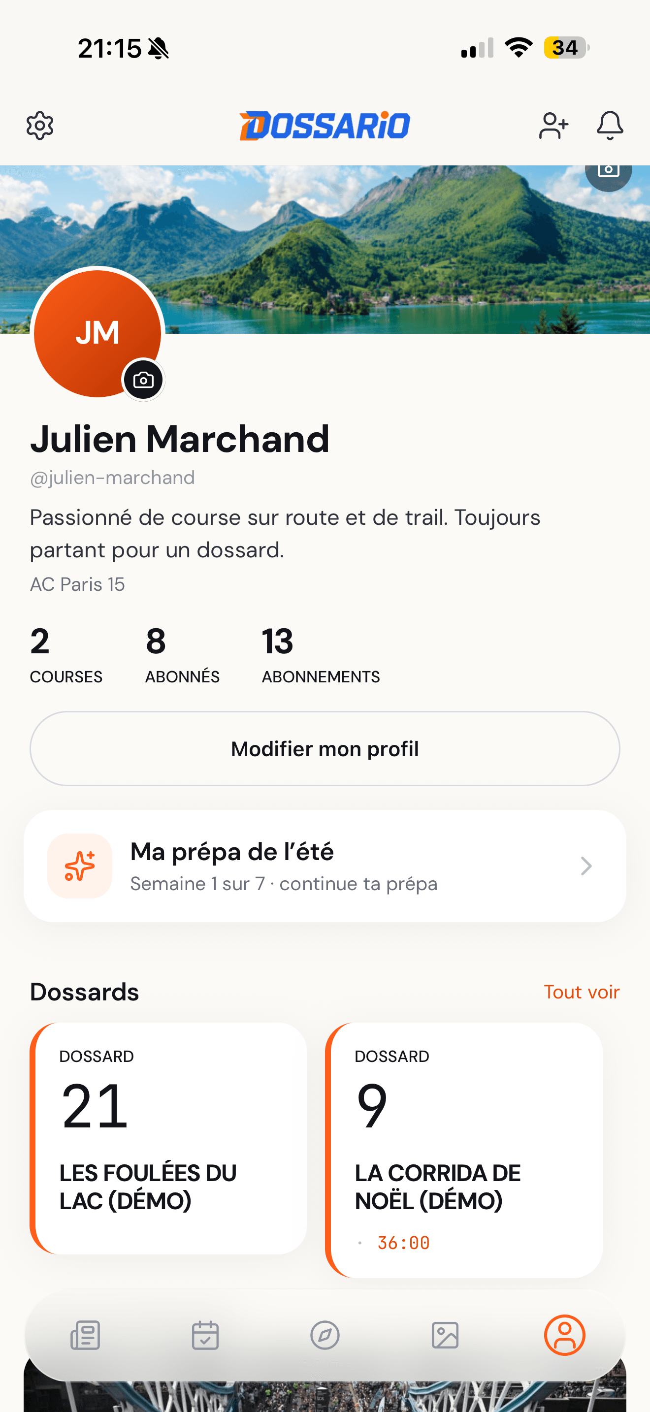 Écran Profil de l'app Dossario : courses, photos et résultats du coureur