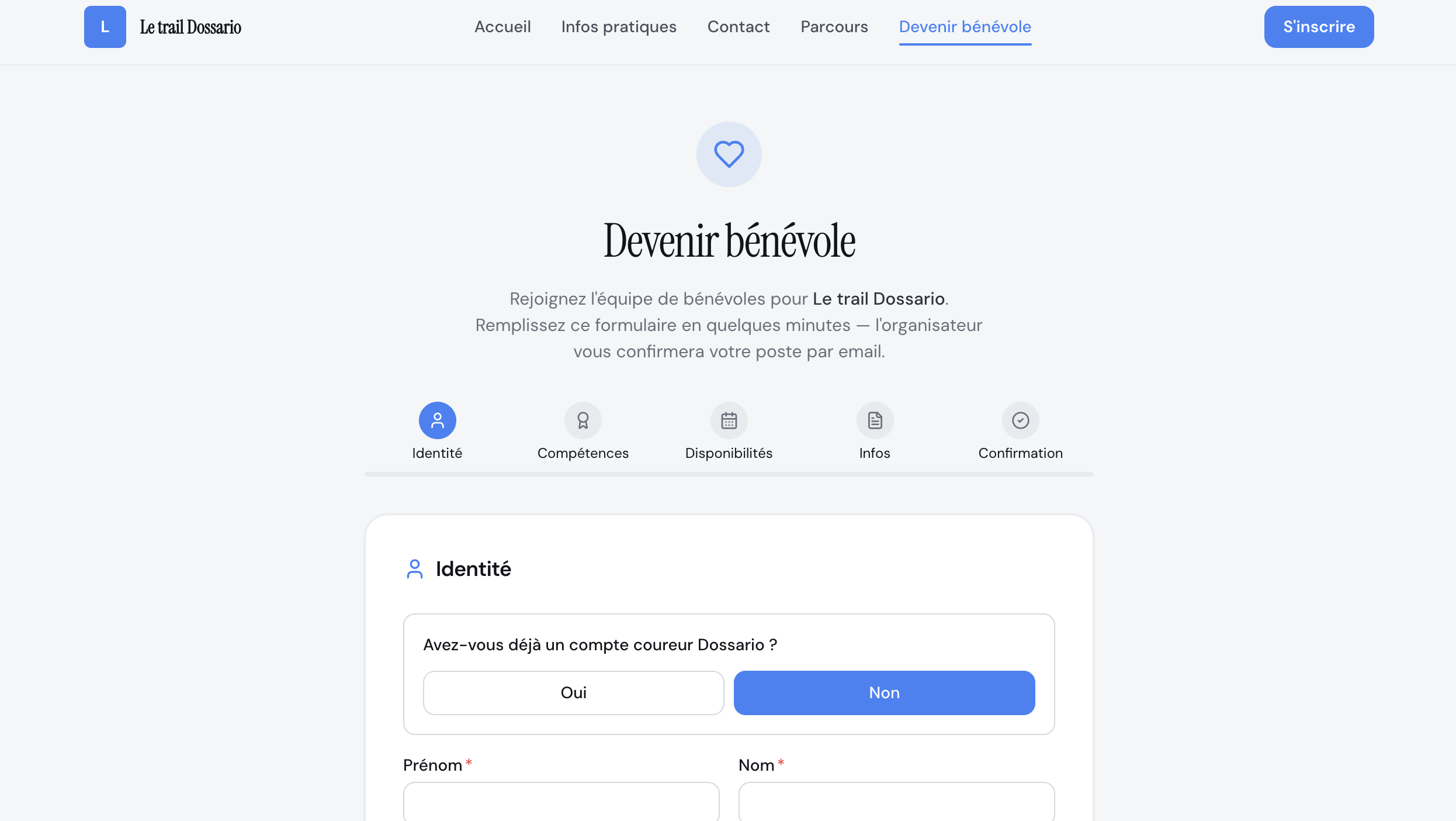 Wizard de candidature côté coureur, étape Identité