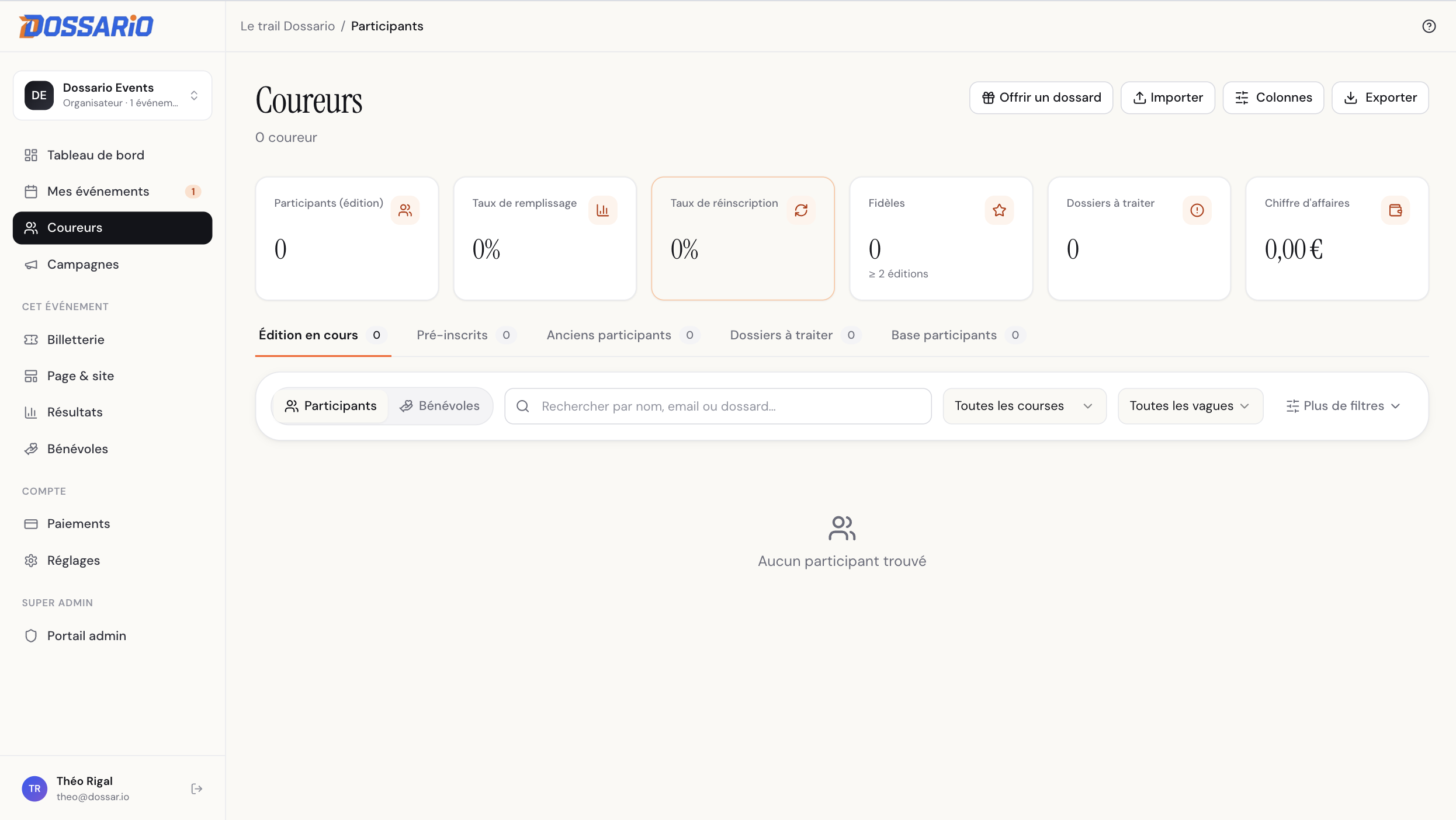 Vue principale du CRM Coureurs en état vide