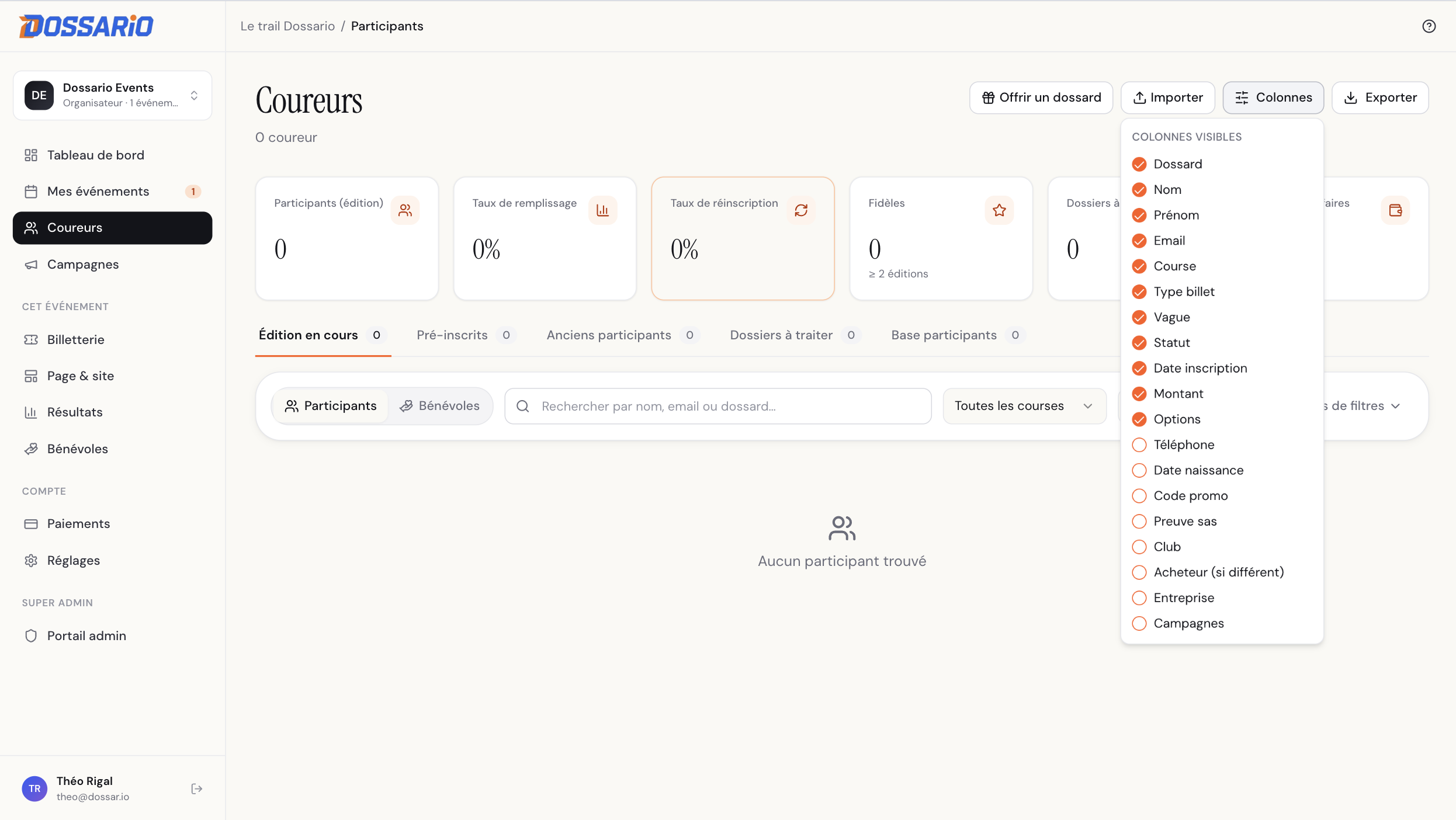 Sélecteur de colonnes ouvert sur le CRM