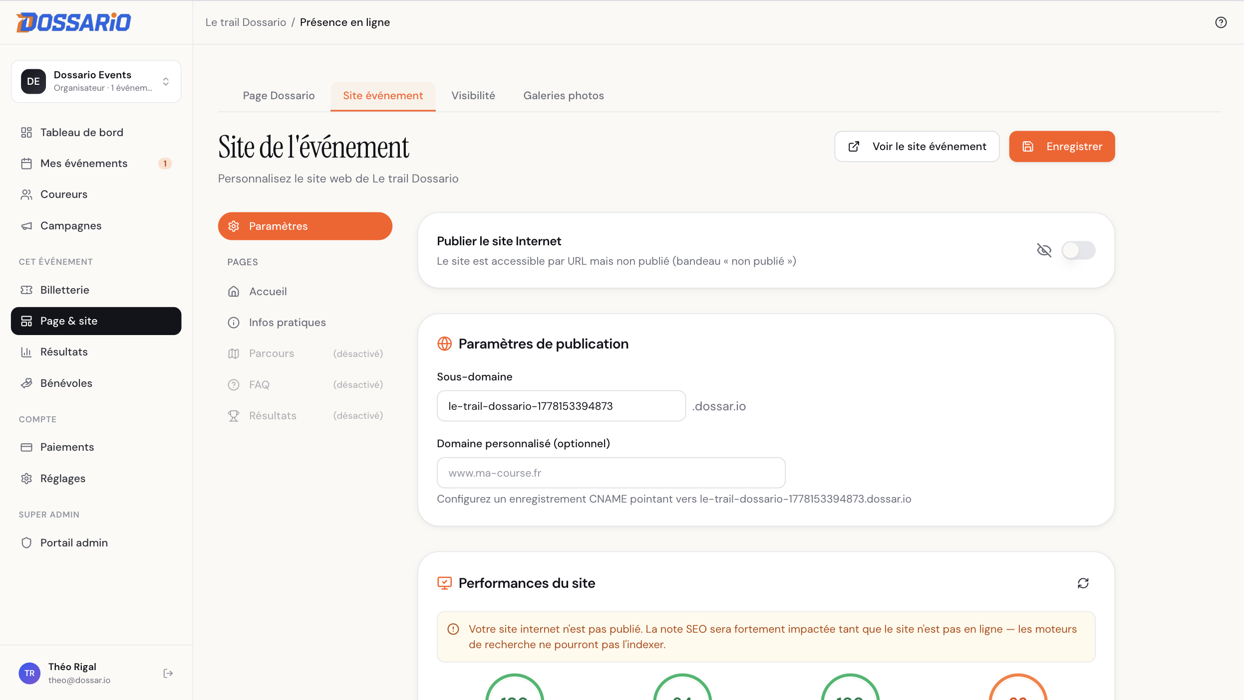 Onglet Site événement de la page Présence en ligne