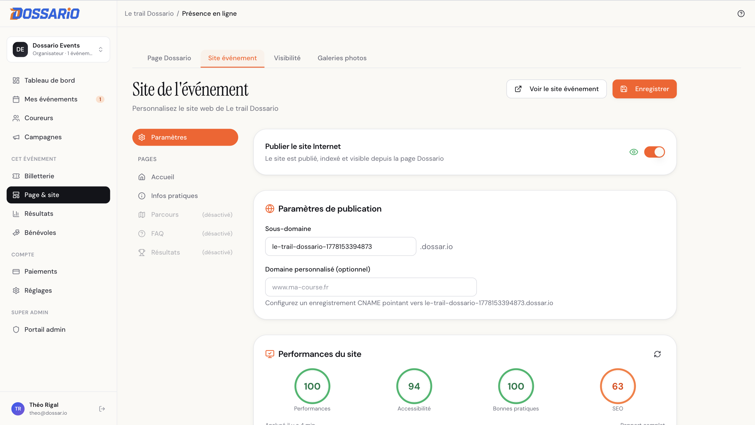 Toggle de publication du Site Internet activé