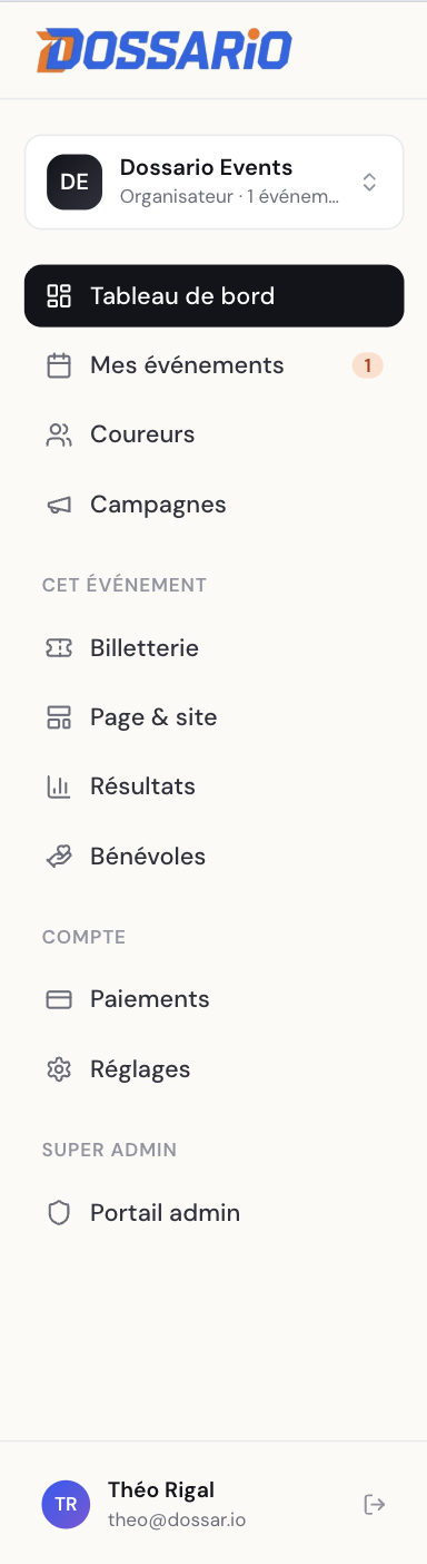 Sidebar complète du dashboard organisateur